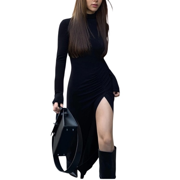 Commense Small Black Slit Pleated Long Sleeve Bodycon Mock Neck Goth Maxi Dress - Picture 1 of 10